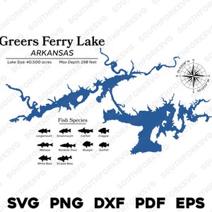 Greers Ferry Lake Arkansas Kartendaten, Fischarten | Laserfertiger CNC-Druck Dye Sub | svg png dxf eps pdf | Sofort Download Kommerzielle Nutzung
