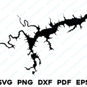 May include: Black and white silhouette of a lake with a jagged shoreline. The lake is shaped like a long, narrow finger.