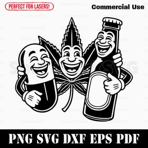 Dibujos animados Pill Pot Leaf Beer Friends svg png dxf pdf eps / vector diseño gráfico corte impresión tinte sub láser grabar archivos digitales uso comercial