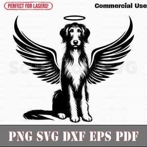 Könnte beinhalten: Schwarz-weiß-Illustration eines Hundes mit Flügeln und einem Heiligenschein. Der Hund sitzt mit leicht geneigtem Kopf.