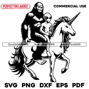 Bigfoot & Alien Riding a Unicorn svg png dxf pdf eps | vector graphic design cut print dye sub laser engrave digital files commerial use