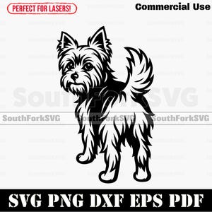 Könnte beinhalten: Schwarz-Weiß-Illustration eines Yorkshire Terrier-Hundes. Das Bild enthält den Text "Commercial Use" und "SVG PNG DXF EPS PDF". Das Bild ist mit "Perfect for Lasers!" beschriftet und enthält das SouthForkSVG-Logo.