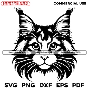 Desenho de cabeça de gato Maine Coon | svg png dxf eps pdf | arquivo de corte de gráfico vetorial a laser clip art | download digital instantâneo uso comercial