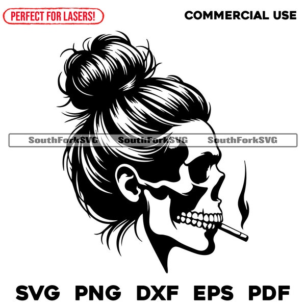 Messy Hair Bun Skull Smoking Design | svg png dxf eps pdf | vector graphic design cut print laser engrave files | download commercial use