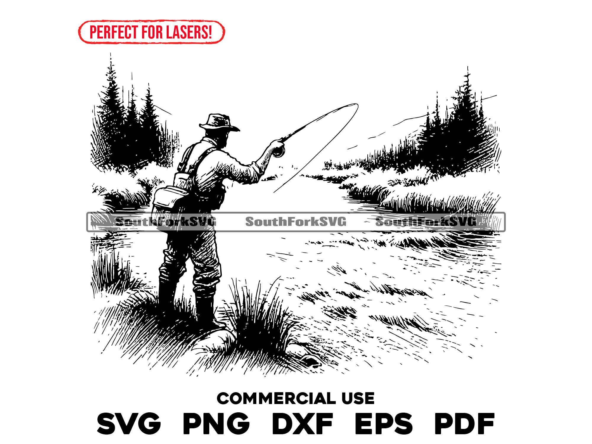 Laser Engrave Files Fly Fisherman Casting | svg png dxf eps pdf | transparent vector graphic design cut print dye sub commercial use