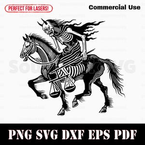 Puede incluir: Ilustración en blanco y negro de una figura esquelética montando un caballo con balanzas de la justicia. La figura tiene cuernos y una larga capa que fluye.