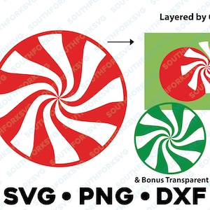 May include: A red and white peppermint swirl design, layered by color, with a green and white version of the design. The text "SVG. PNG. DXF" and "& Bonus Transparent Design" are also included in the image.