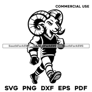 May include: Black and white illustration of a cartoon ram wearing a jersey and shorts, walking to the right. The ram has large horns and a determined expression.
