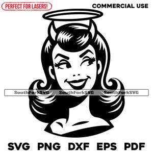 Angel & Devil Retro Style Woman svg png dxf eps pdf Archivos / Corte Impresión Láser Grabado CNC Tinte Sub Vinilo / Descarga Instantánea Uso Comercial
