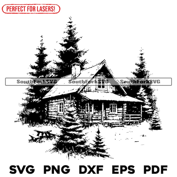 Laser Engrave File Rustic Cabin svg png dxf eps pdf Cottage Scene For Wood Signs Boards Glass Charcuterie Instant Download Commercial Use