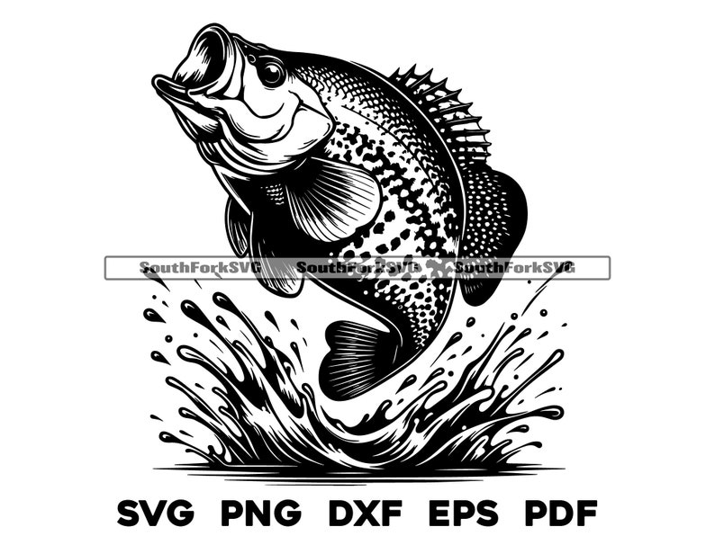 May include: Black and white illustration of a crappie fish jumping out of the water, with water splashing around it.