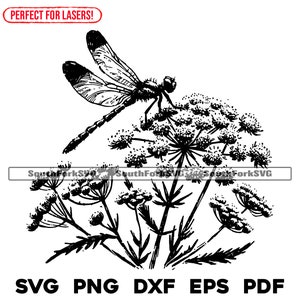 May include: Black and white line art illustration of a dragonfly perched on a cluster of delicate wildflowers. The image includes the text "PERFECT FOR LASERS!" at the top.