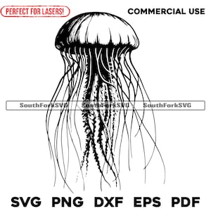 May include: Black and white line art illustration of a jellyfish with long tentacles.