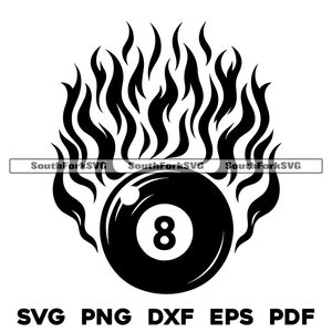 May include: Black and white silhouette of a pool ball with the number 8 on it, surrounded by flames.