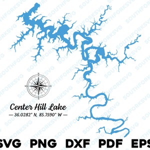 Center Hill Lake Tennessee Mapa Forma Silueta svg png dxf pdf eps vector diseño gráfico corte grabado archivo láser imagen barco lago casa