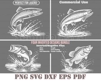 Puede incluir: Cuatro ilustraciones en blanco y negro de peces saltando fuera del agua. Los peces están dibujados en un estilo vintage. El texto "PERFECT FOR LASERS!" y "Commercial Use" están en la parte superior de la imagen. El texto "FOUR INVERTED DESIGNS BUNDLE" y "Inverted/Negative Files" están en la parte media de la imagen. El texto "PNG SVG DXF EPS PDF" está en la parte inferior de la imagen.