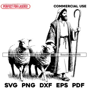 May include: Black and white illustration of a shepherd with a staff and two sheep. The shepherd is wearing a long robe and has a beard. The sheep are standing next to him.