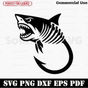 May include: Black and white graphic of a shark with an open mouth and a fishing hook. The shark's body is stylized with rib-like lines. Text at the bottom reads "SVG PNG DXF EPS PDF". The image also includes the text "Commercial Use".