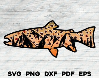 Brown Trout Mountains svg png dxf eps pdf vector design dye sub fishing hunting outdoors nature animal bass fly rainbow brook brown salmon