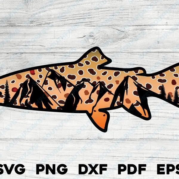 Brown Trout Mountains svg png dxf eps pdf vector design dye sub fishing hunting outdoors nature animal bass fly rainbow brook brown salmon
