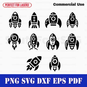 Paquete de garabatos de naves espaciales simples svg png dxf eps pdf / gráfico vectorial corte impresión sublimación láser grabado clip art uso comercial
