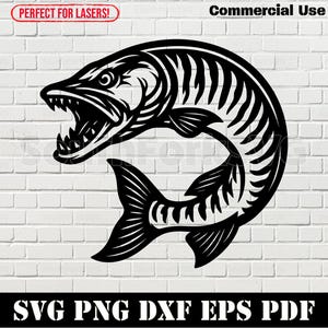 Pode incluir: Ilustração a preto e branco de um peixe com a boca aberta e dentes afiados. A imagem inclui o texto "Commercial Use" e "Perfect for Lasers!" no topo. A parte inferior da imagem tem o texto "SVG PNG DXF EPS PDF".