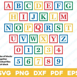 Blocos do alfabeto svg png dxf eps pdf Pacote | Blocos de letras para bebês A-Z 0-9, design gráfico vetorial, corte, impressão, corante, sub cnc, arquivos de gravação a laser