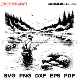 Lasergraveren van bestanden Fly Fisherman Scene svg png dxf eps pdf | transparant vector grafisch ontwerp gesneden print kleurstof sub commercieel gebruik