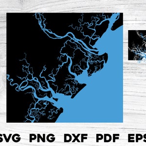 Savannah Georgia Land & Ocean carte voies navigables intérieures forme Silhouette contour svg png dxf pdf eps vecteur graphique coupe graver fichier laser