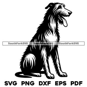Könnte beinhalten: Schwarz-weiße Silhouette eines sitzenden Irish Wolfhound Hundes. Der Hund blickt nach rechts und hat die Zunge herausgestreckt.