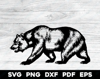 May include: Black and white line art illustration of a bear walking to the right. The bear is facing to the left. The bear is on a white wood background.