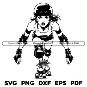 Puede incluir: Ilustración en blanco y negro de una patinadora de roller derby con casco y rodilleras, con una expresión decidida en su rostro. La patinadora está sobre patines y está en movimiento.