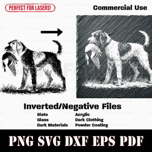 Op de afbeelding: Zwart-wit illustratie van een hond die een eend in zijn bek draagt, met de tekst "Commercial Use". De afbeelding is gelabeld als "Inverted/Negative Files" en bevat bestandsformaten zoals PNG, SVG en DXF.