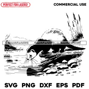 Lasergravure bestanden nerts rivier scène svg png dxf eps pdf | vectorafbeelding knippen print dye sub laser cnc-bestanden commercieel gebruik