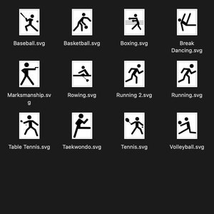 May include: A black and white illustration of 25 different sports icons. The icons are arranged in a grid of five rows and five columns. Each icon depicts a different sport, such as archery, badminton, baseball, basketball, boxing, break dancing, climbing, cycling, dodgeball, fencing, marksmanship, rowing, running, sailing, soccer, sprinting, swimming, table tennis, taekwondo, tennis, volleyball, weight lifting, and wrestling.