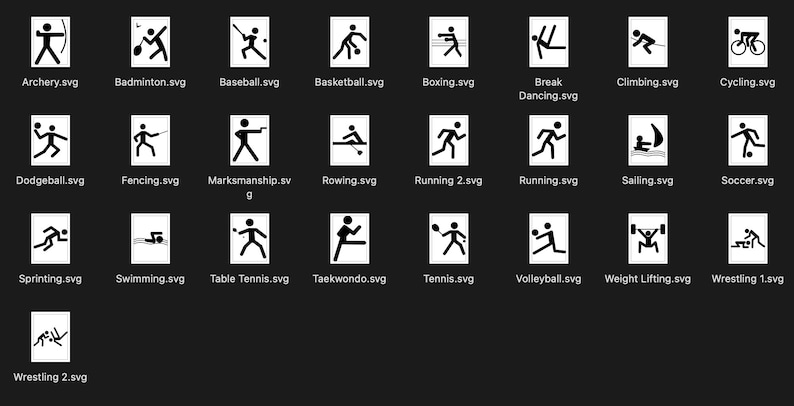 May include: A black and white illustration of 25 different sports icons. The icons are arranged in a grid of five rows and five columns. Each icon depicts a different sport, such as archery, badminton, baseball, basketball, boxing, break dancing, climbing, cycling, dodgeball, fencing, marksmanship, rowing, running, sailing, soccer, sprinting, swimming, table tennis, taekwondo, tennis, volleyball, weight lifting, and wrestling.