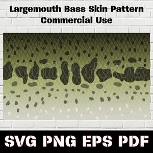 May include: A digital illustration of a largemouth bass skin pattern. The pattern is a close-up of the scales and spots on the fish's body. The pattern is in shades of green, brown, and white. The text "Largemouth Bass Skin Pattern Commercial Use" is at the top of the image.