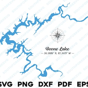 Boone Lake Tennessee kaart vorm silhouet svg png dxf pdf eps vector grafisch ontwerp gesneden gravure laserbestand afbeelding boot meer