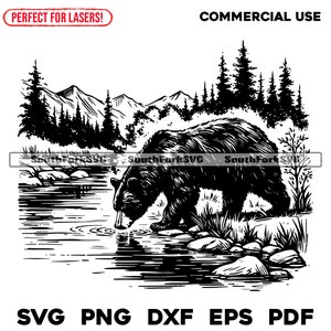 Lasergraveren van bestanden Black Bear River Scene svg png dxf eps pdf | vectorafbeelding knippen print dye sub laser cnc-bestanden commercieel gebruik