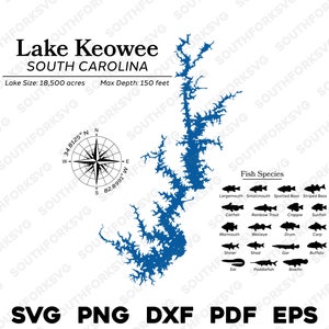 Lake Keowee South Carolina Map Data, Fish Species | Laser Ready CNC Print Dye Sub | svg png dxf eps pdf | Instant Download Commercial Use