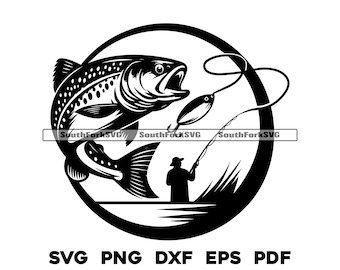 May include: Black and white silhouette of a fish being caught by a fisherman with a fishing rod. The fish is jumping out of the water and the fisherman is standing on a boat. The image is in a circle.