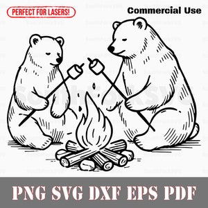 Osos asando malvaviscos svg png dxf eps pdf / grabado láser cortado archivos de impresión vector gráfico clip art / descarga instantánea uso comercial