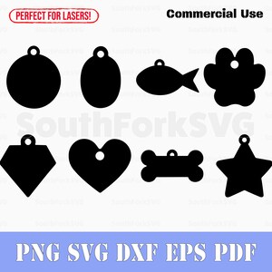 Pode incluir: Um conjunto de dez arquivos de corte SVG preto e branco para etiquetas de animais de estimação. As formas incluem um círculo, um oval, um diamante, um coração, um osso, um peixe, uma pegada de pata e uma estrela.