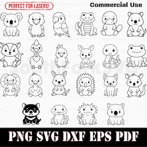 Puede incluir: Ilustraciones en blanco y negro de varios animales, incluyendo un koala, un búho y una rana. La imagen incluye el texto "Commercial Use" y "Perfect for Lasers!" en la parte superior, e información del tipo de archivo en la parte inferior.