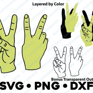 Signe de la paix main symbole SVG PNG DXF superposé par couleur fichier silhouette camée Asl American Deuces geste signal deux doigts vers le haut Cool