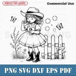 Lasergravur-Datei Kleines Cowgirl Blowing Bubbles | svg png dxf eps pdf | Grafik Design Cut Print Dye Subgravur Kommerzielle Nutzung