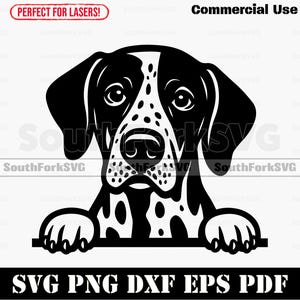 Puede incluir: Gráfico en blanco y negro de la cara de un perro con manchas y patas, con el texto "SVG PNG DXF EPS PDF". La imagen también incluye el texto "Commercial Use" y "SouthForkSVG".