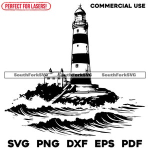 May include: Black and white illustration of a lighthouse on a rocky shore with waves crashing against it. The lighthouse has a striped tower and a small building attached to it.