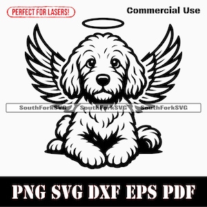 May include: Black and white graphic of a dog with angel wings and a halo. The image includes the text "Commercial Use" and "Perfect for Lasers!". The bottom of the image has the text "PNG SVG DXF EPS PDF".