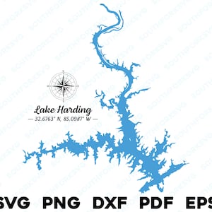 Lake Harding Georgia Mapa Forma Silueta svg png dxf pdf eps vector diseño gráfico corte grabado archivo láser imagen barco lago casa